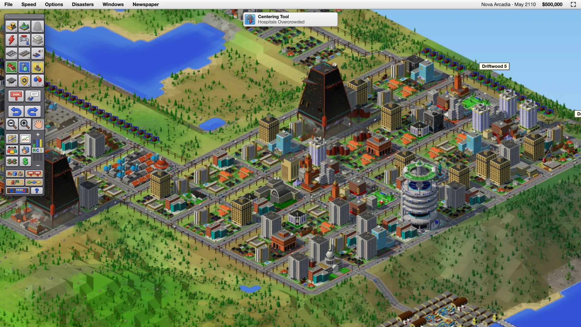Nova Arcadia in the game's view: isometric, with the original's toolbar and menus