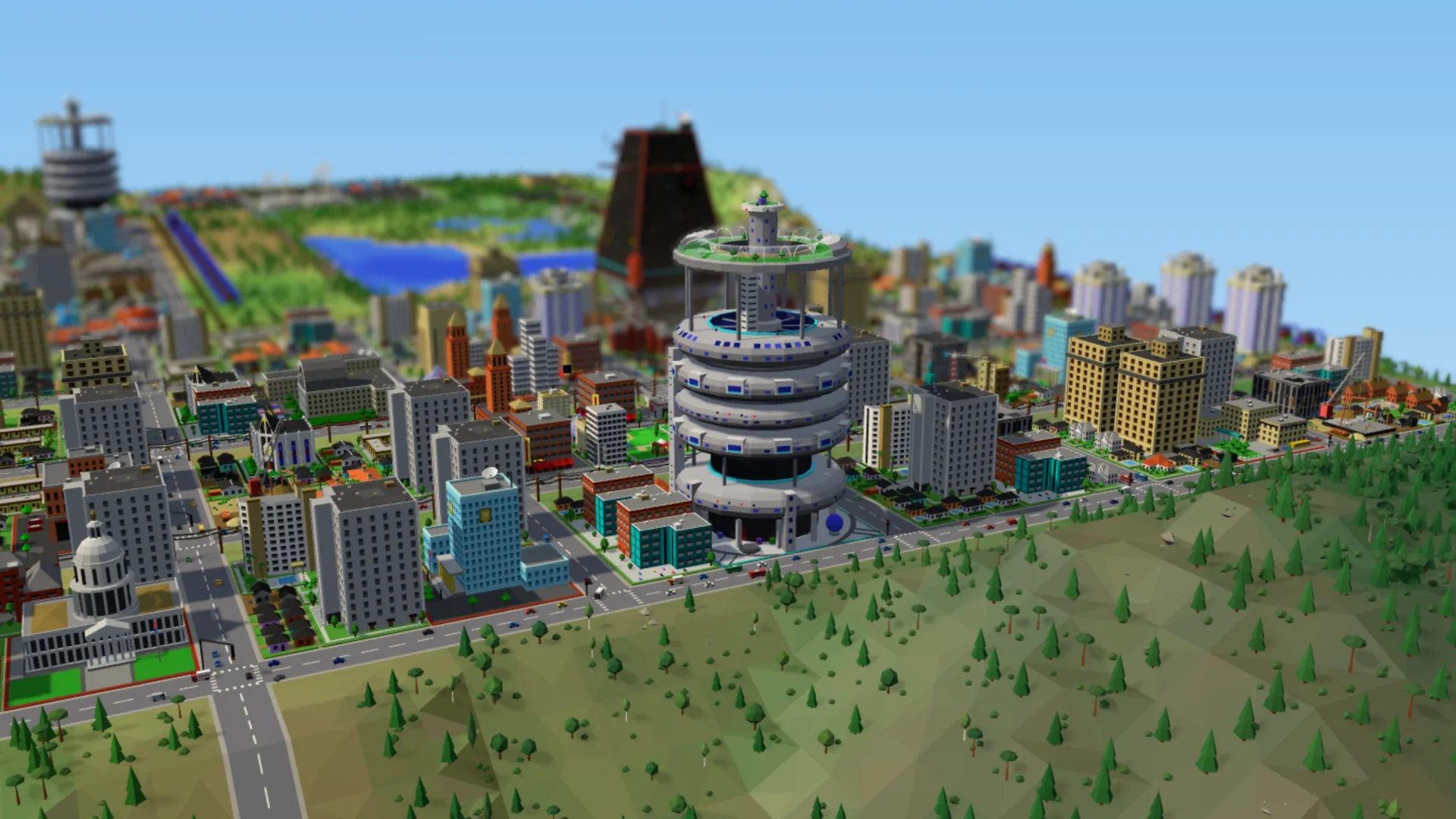 Sightseeing: an arcology in focus, low down in perspective, the skyline blurred behind it